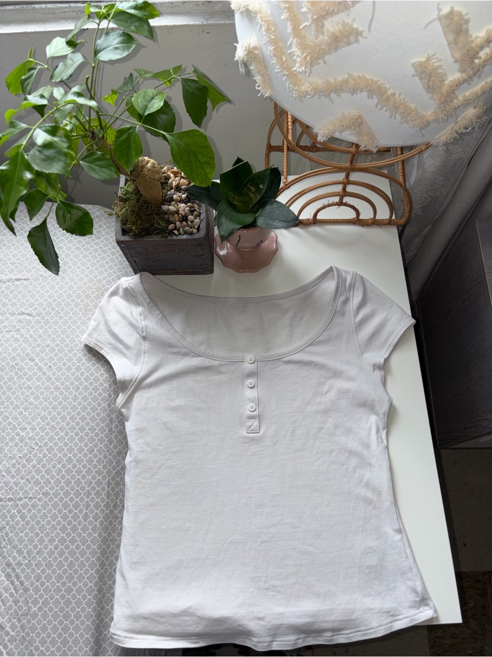 White Lululemon Cap-Sleeve Henley T-Shirt